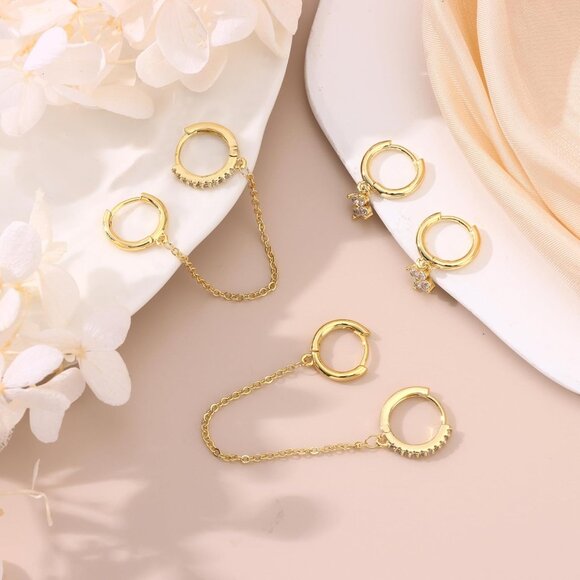 3-4 Hole Cartilage Stud Earrings Set for Women Dainty Gold Earrings 14k Gold - Picture 3 of 7